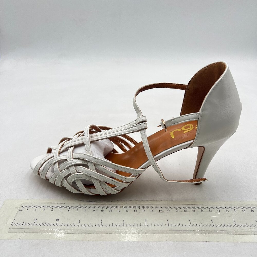 FSJ White Cute Strappy Peep Toe D'Orsay T-Strap Ankle Buckle High Heel Shoes